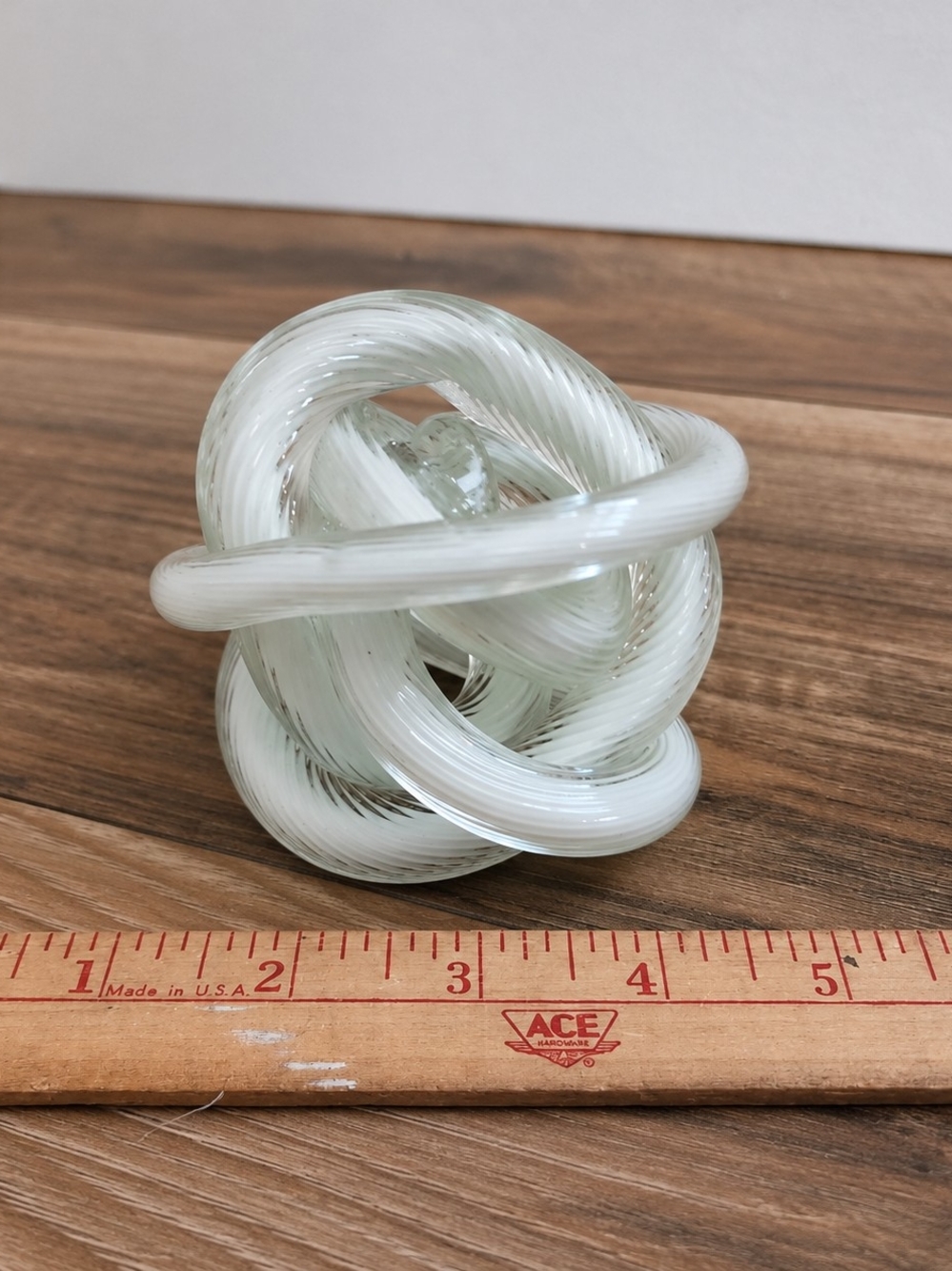 Hand Blown Art Glass Knot Orb White Swirl Sculpture Modernist Paperweight Decor